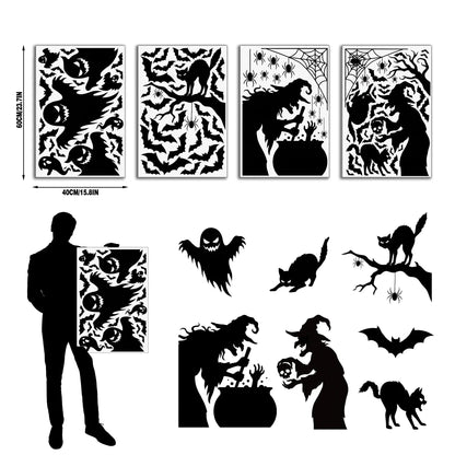 4-Sheet Large Halloween Decorative Window Clings, Spooky Silhouettes Witch Shapes Stickers Decals, Home Glass Window Door Wall Supplies for Indoor Outdoor Party Favors