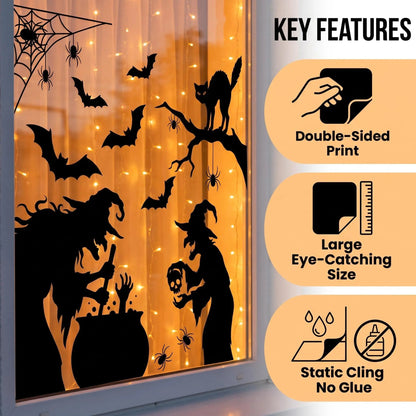 4-Sheet Large Halloween Decorative Window Clings, Spooky Silhouettes Witch Shapes Stickers Decals, Home Glass Window Door Wall Supplies for Indoor Outdoor Party Favors